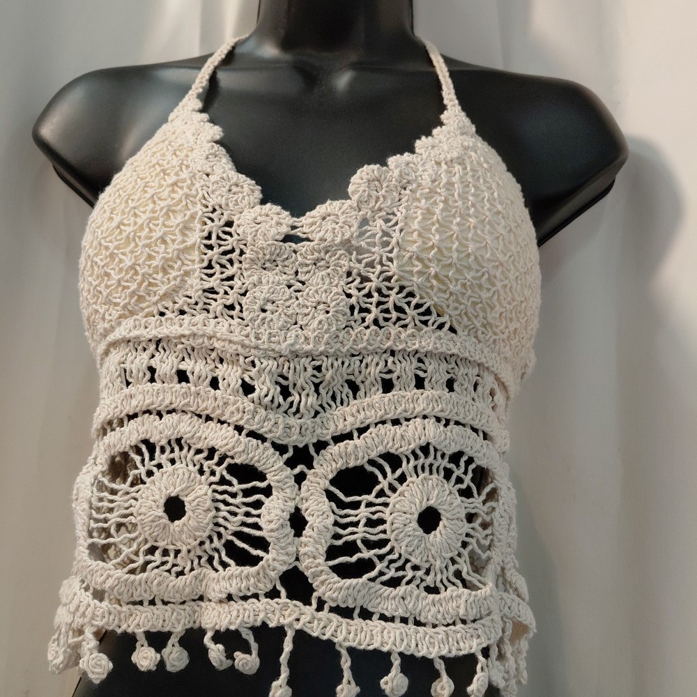 Boho‎ Crochet Halter Crop Top Beige Fringe Festival Top Women OS Soft Cups